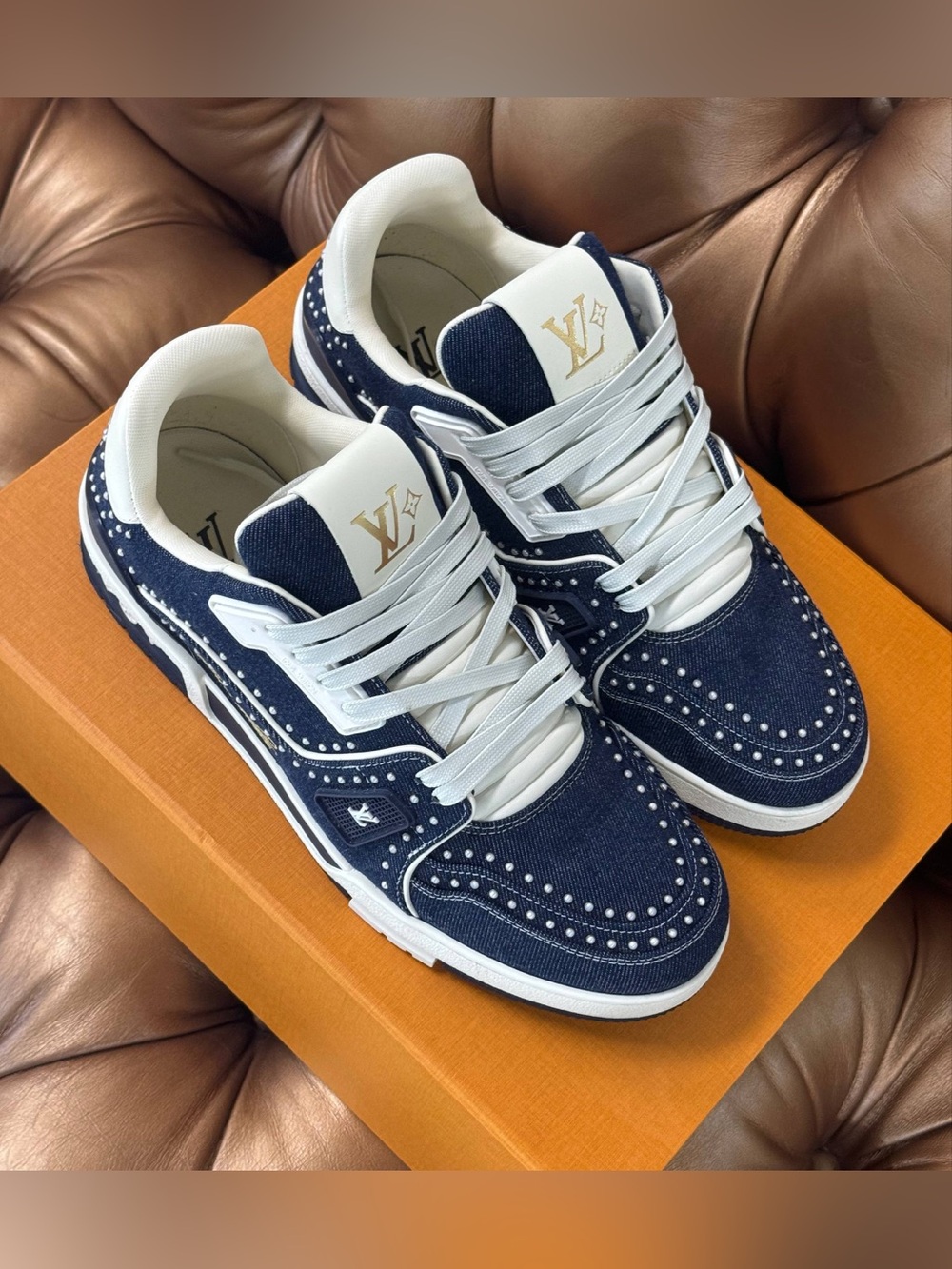 Louis Vuitton LV Trainer Sneaker 1AJ517 Swarovski™ pearls Indigo Blue SIZE 8.5 - Picture 3 of 14